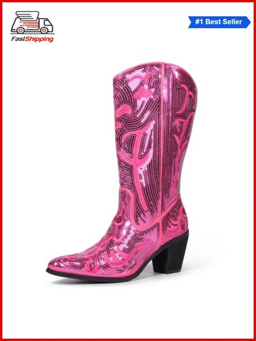 ✨ Pointed Toe Sequined Embroidered Mid Calf Western Cowboy Boots
